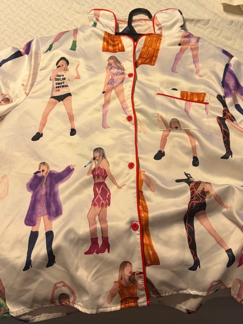 Amazon Women’s White Satin Pajama Top with Multi-Color Taylor Swift Print